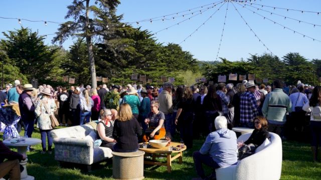 A large outdoor gathering with people seated and standing, surrounded by trees, under string lights.