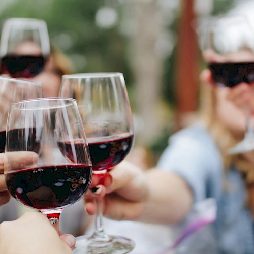 People raising glasses of red wine in a celebratory toast outdoors.