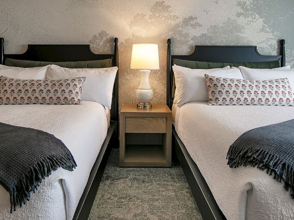 Two twin beds with white bedding, decorative pillows, dark throws, a shared nightstand, and a lit lamp between them.